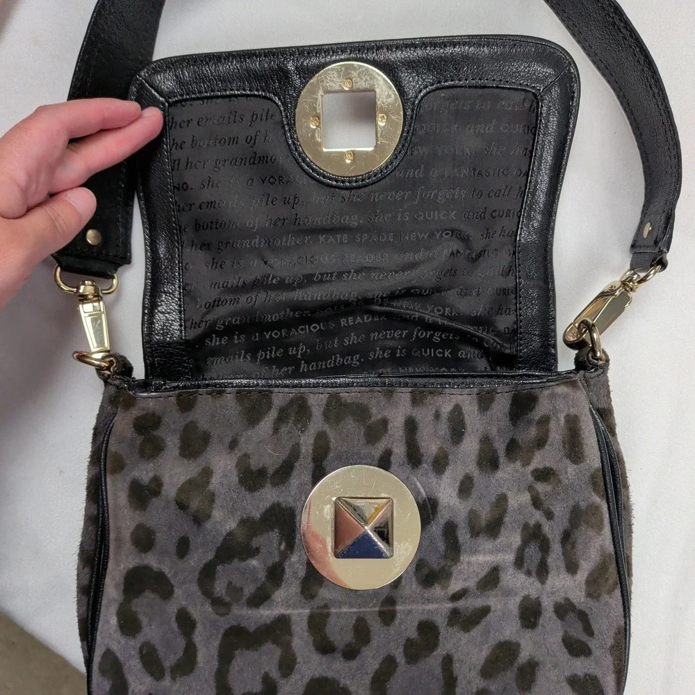 Kate Spade Gray Leopard Print Calf Hair Shoulder Bag Gold Turn Lock Preppy
